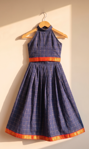 Blue South Cotton Zari Checks Kids Skirt and Top