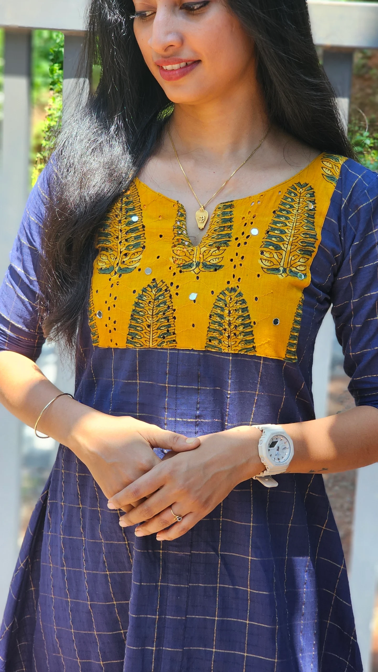 Blue South Cotton Zari Checks Yellow Yolk Kurti - Image 2