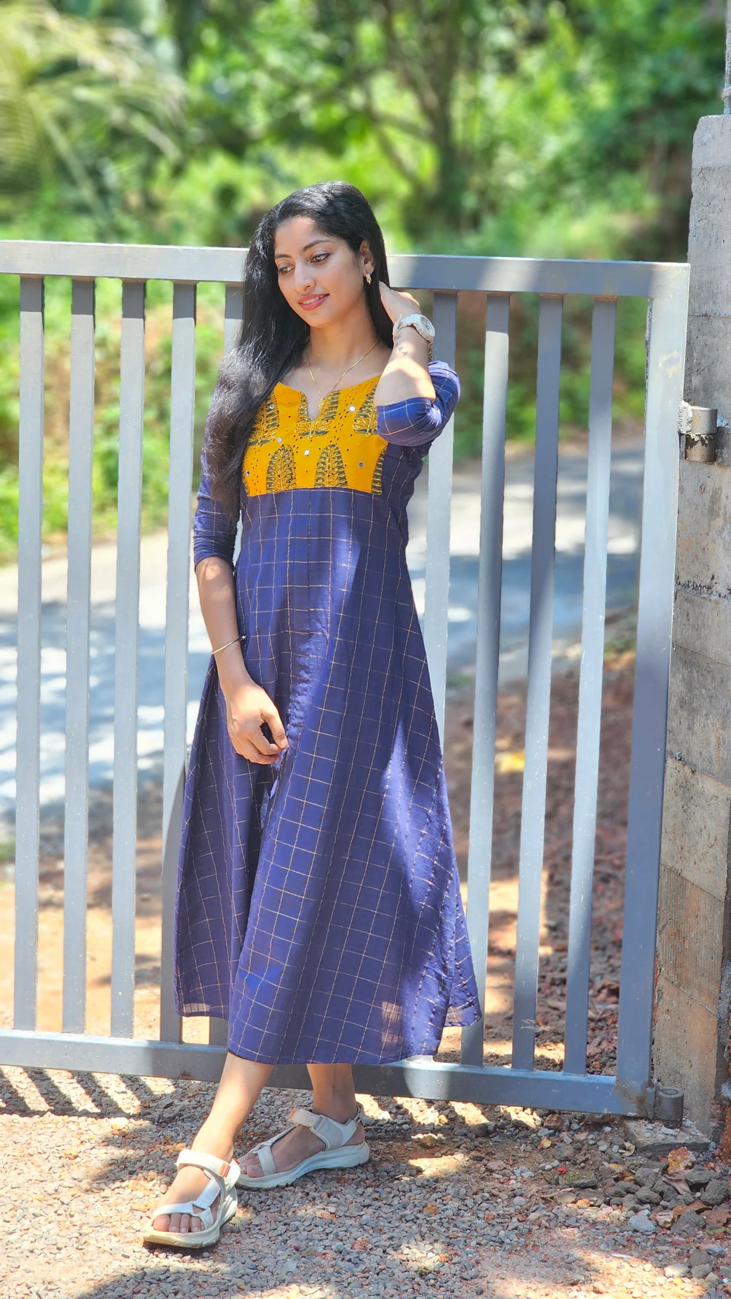 Blue South Cotton Zari Checks Yellow Yolk Kurti - Image 3