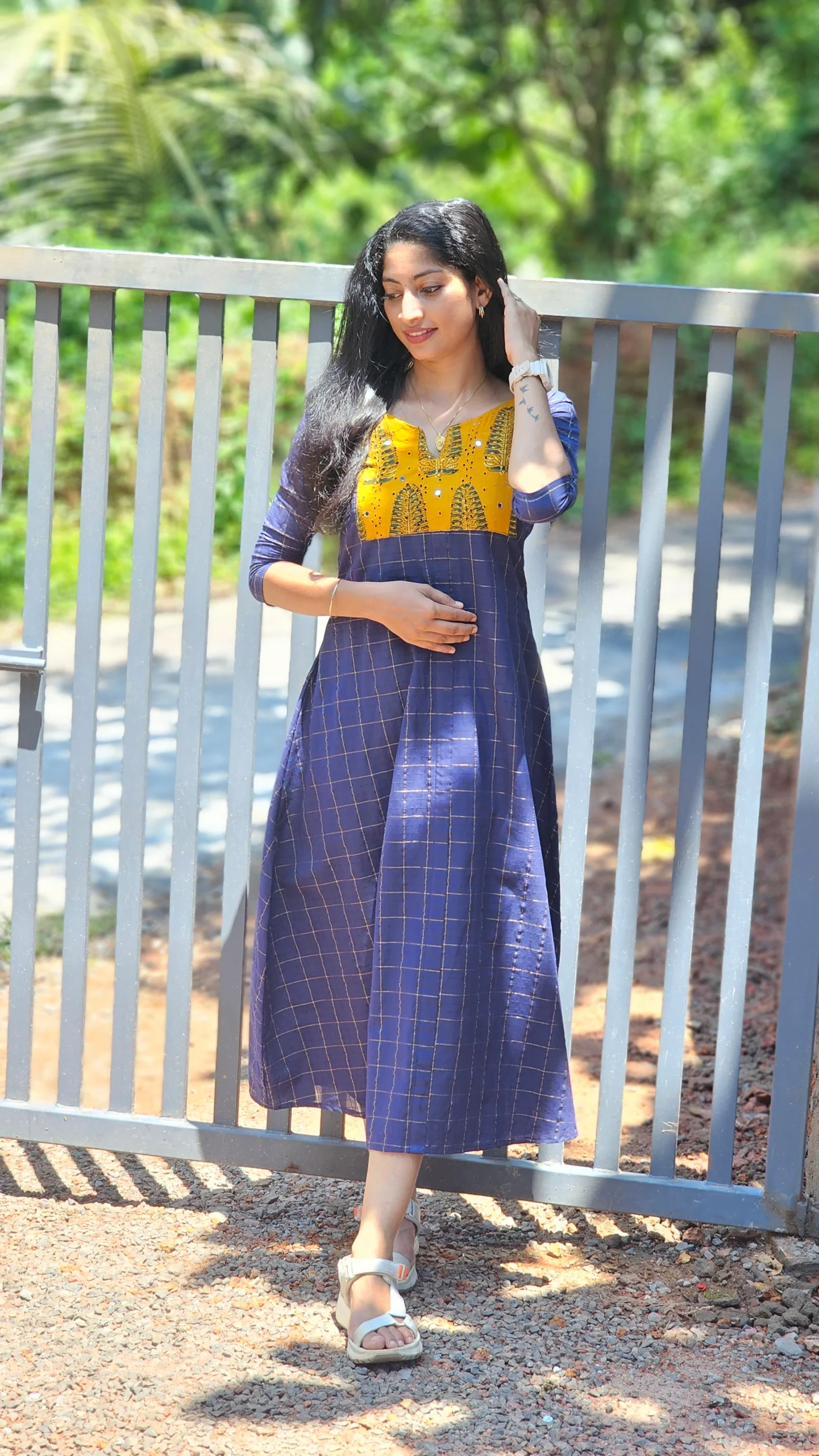 Blue South Cotton Zari Checks Yellow Yolk Kurti - Image 4
