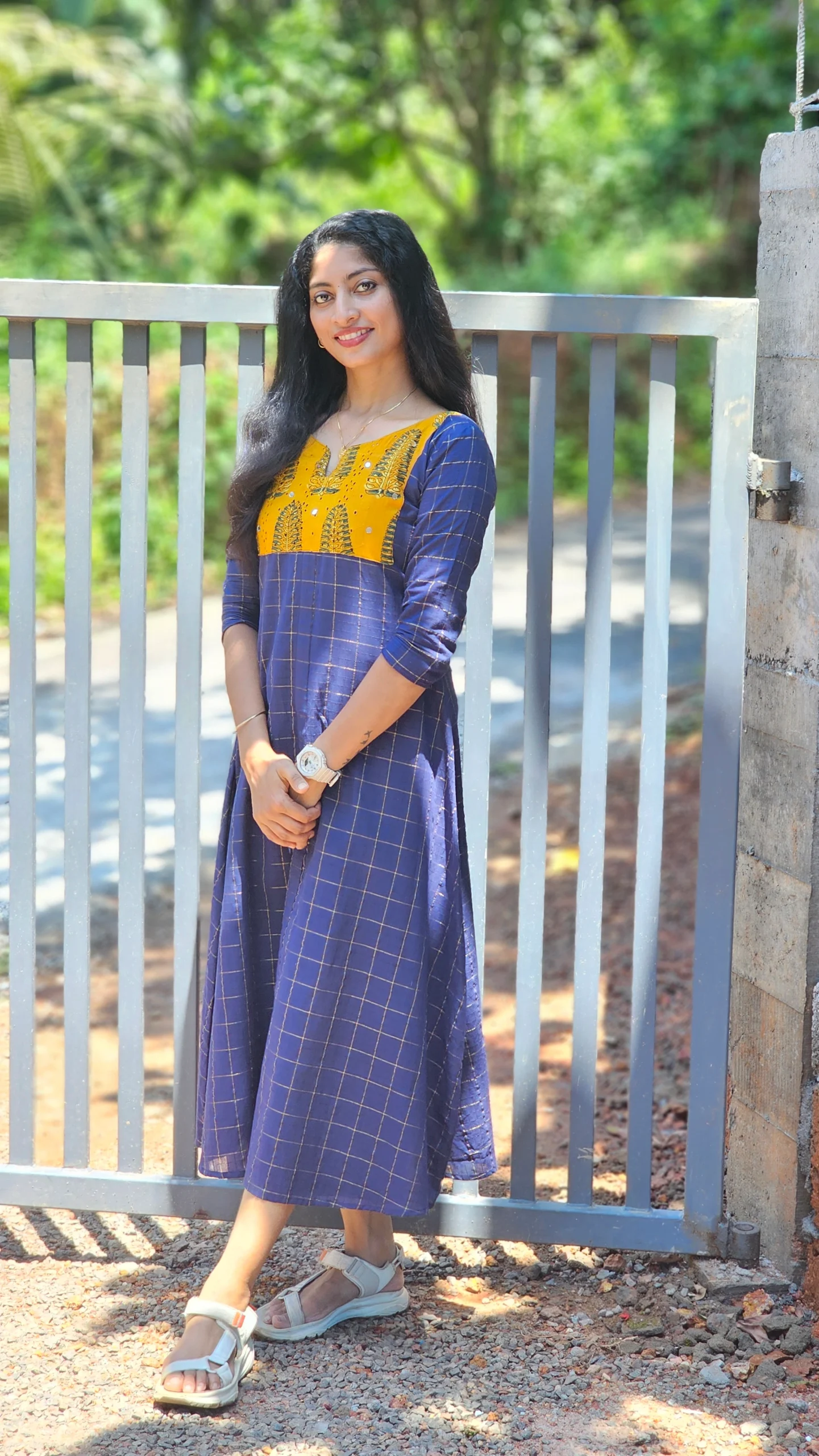 Blue South Cotton Zari Checks Yellow Yolk Kurti