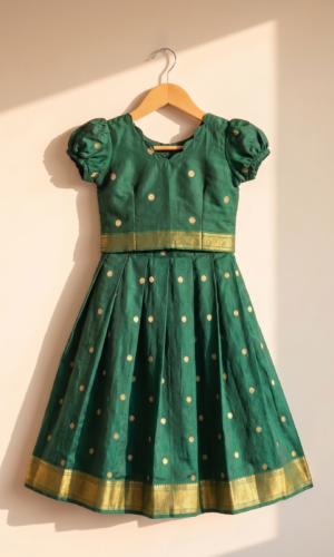 Emerald Green South Cotton Dobby Butta Kids Skirt and Top