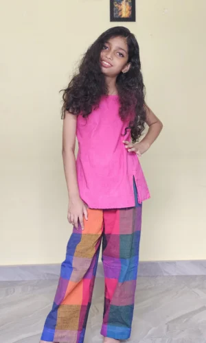 Madras Checks Pant with Pink Top For Kids