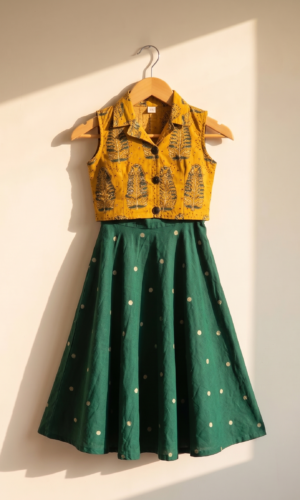 Mustard Yellow Hacoba Top and Green South Cotton Dobby Butta Skirt