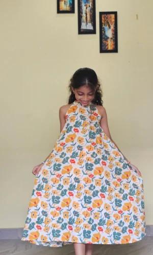 Yellow and Green Botanical Cotton Halter Neck Frock For Kids