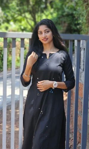 Black Cotton Kurti With Mirror Work