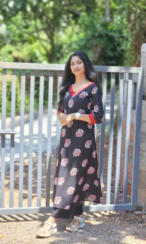 Black Cotton Red Floral Print Co Ords