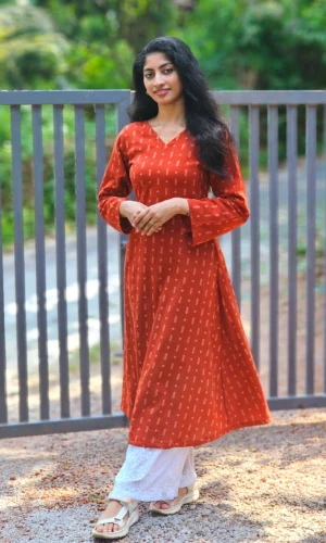 Rust Orange Cotton Printed Kurti