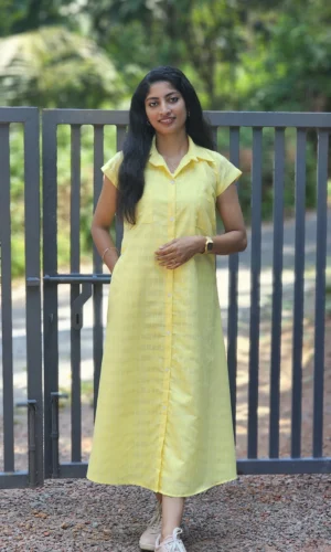 Yellow Checkered Cotton Mix Shirt Dress