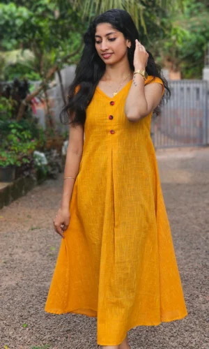 Yellow Cotton Solid Aline Kurta
