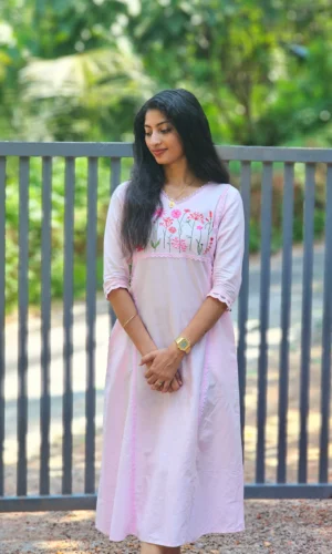Light Pink Cotton Embroidered Kurti